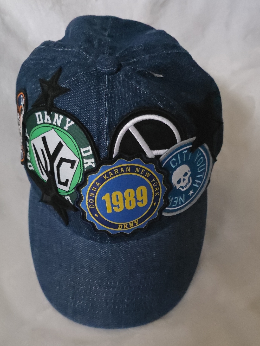 DKNY Denim Patch Cap - Blue with Green, Yellow & Black Accents